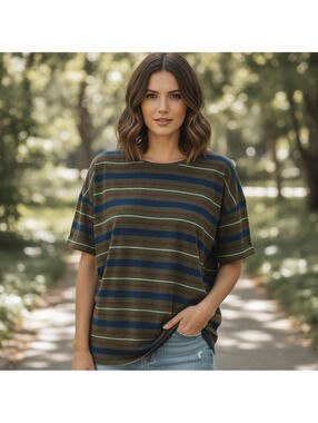 LuLaRoe Irma, Size M, Lightweight Casual Top in Green, Red, Blue Stripe`